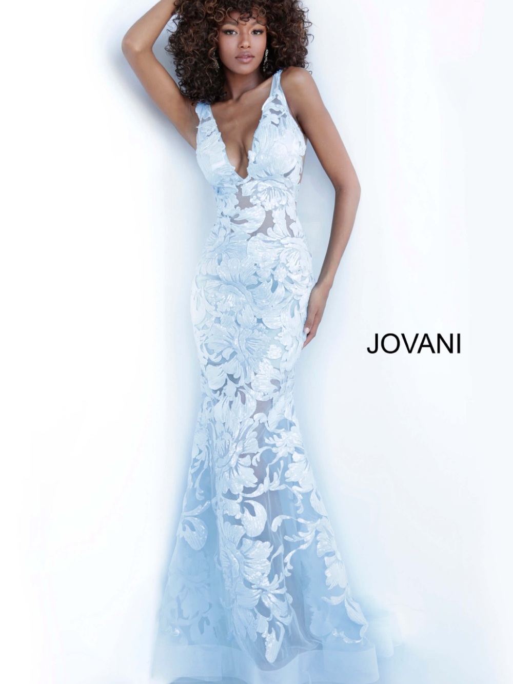 Jovani 60283 Light Blue Floral Lace Plunge Mermaid Gown